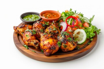 Marinated tandoori chicken accompanied by a fresh salad and sauces on a rustic wooden plate