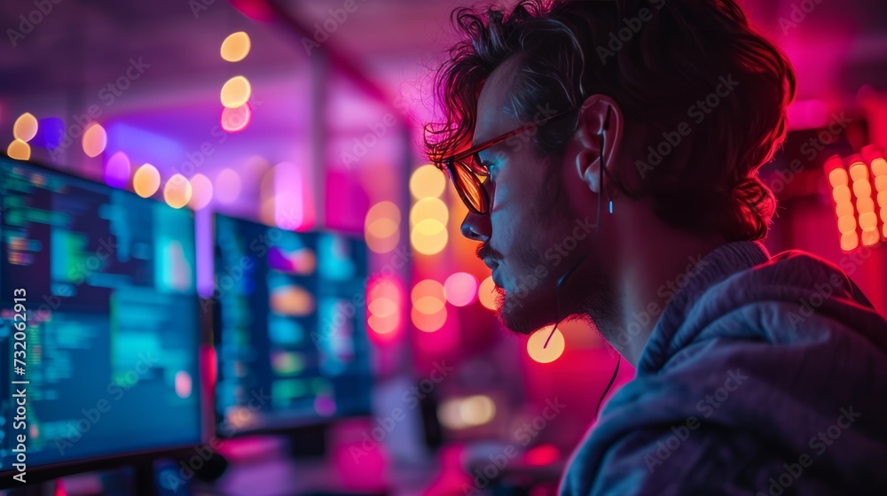Poster side view of young male programmer sitting in a dimly lit office in front of computer monitors. skil