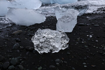 View on a iceberg on the Diamond Beach located south of the Vatnajökull glacier between the Vatnajökull National Park and the town of Höfn