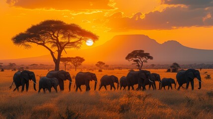 Fototapeta premium Elephants roam the African savanna under a dramatic golden hour sky, with the sun setting behind clouds.