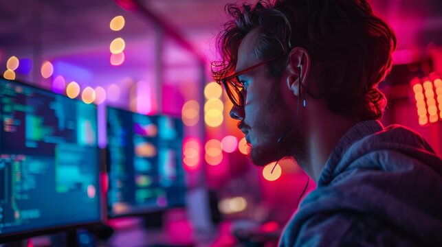 Side view of young male programmer sitting in a dimly lit office in front of computer monitors. Skilled developer or system administrator at work. Cabinets with computer servers in the background.