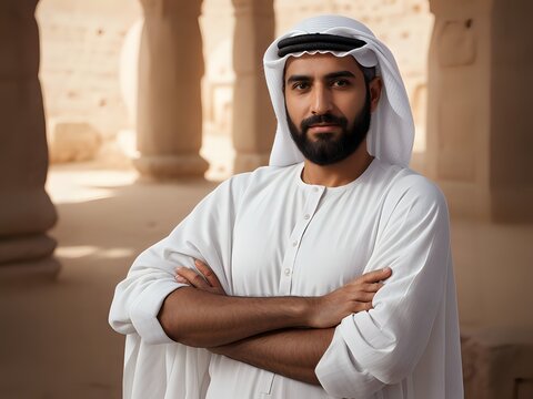 Portrait of a Arab man with beard wearing traditional clothes standing in an old mosque with his arms crossed.