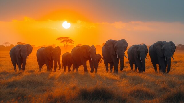 The silhouette of a peaceful elephant procession is set against the backdrop of a vibrant orange African sunset.