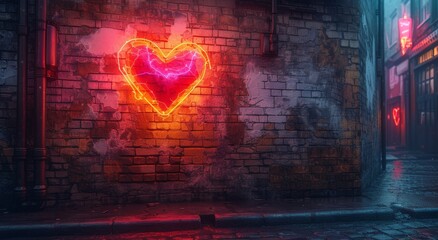A vibrant heart glows against the maroon brick of a city street, a stunning piece of art that lights up the night with its passionate red hue