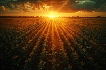 As the sun sets behind the horizon, a vast field of crops basks in the warm morning sunlight, promising a bountiful harvest and a sense of peace in the great outdoors - obrazy, fototapety, plakaty