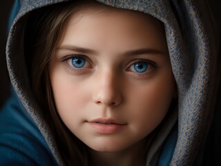 Fototapeta premium Closeup of a Beautiful muslim child girl wearing a headscarf with her magical blue eyes. Islamic Religious Concept.