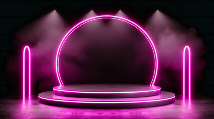 Neon Blue Light Stage, Futuristic Show or Event Background with Glowing Lines
