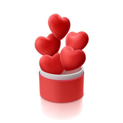 Red volumetric 3d hearts flying out of open box on white isolated background, realistic illustration for greeting card, invitation, wome day, march 8, mother day
