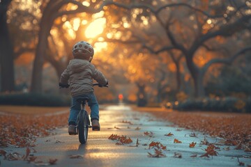 A young adventurer cruises down a leaf-covered path, their trusty bicycle carrying them through the outdoor wonderland of trees and nature - obrazy, fototapety, plakaty