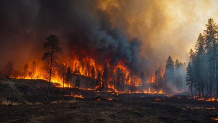 Fototapeta na wymiar Fire destroys the forest. An environmental disaster. Fire and smoke