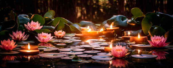 A serene pond with pink water lilies illuminated by the soft glow of sunset, reflecting the peacefulness and simplicity of nature’s beauty. - obrazy, fototapety, plakaty