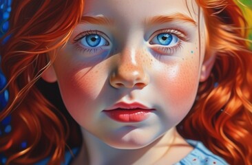 An impressionistic painting style depicting the natural beauty of a little red-haired girl, a round face with freckles, bright lips and blue mischievous eyes