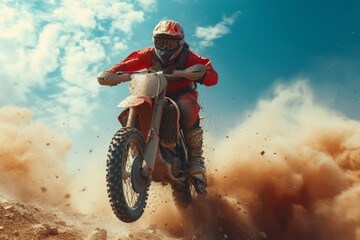 A fearless man defies gravity, soaring through the sky on his dirt bike as he races across rugged terrain, showcasing his expert skills in freestyle motocross - obrazy, fototapety, plakaty