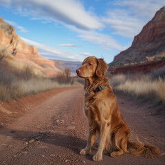 Fototapeta premium Golden Retriever Dog Sitting on a Desert Road with Scenic Canyon Background
