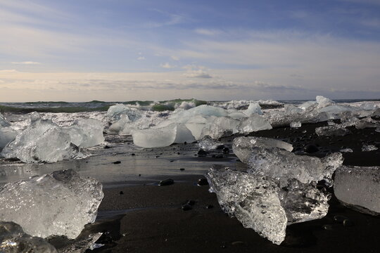 View on a iceberg on the Diamond Beach located south of the Vatnajökull glacier between the Vatnajökull National Park and the town of Höfn