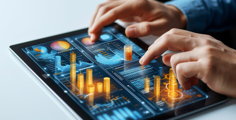 Tablet with 3D holograms on the table, futuristic visuals emerge from the screen