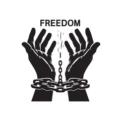 A pair of hands chained to a chain with the text words freedom. A pair of hand in handcuff. Hand drawn vector illustration.