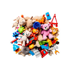 Colorful Assortment of Children’s Toys Including Stuffed Animals, Plastic Trucks, and Building Blocks Isolated on White Background