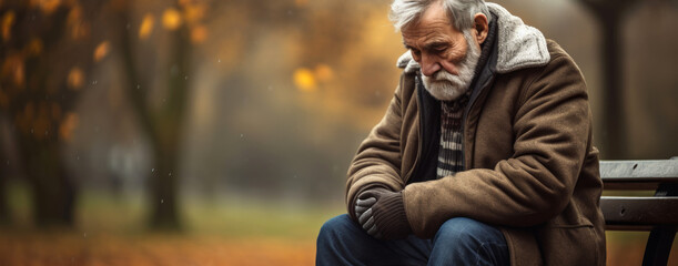 An elderly man sitting alone on a park bench in autumn, his expression reflecting solitude or contemplation, evoking themes of aging, reflection, and melancholy.