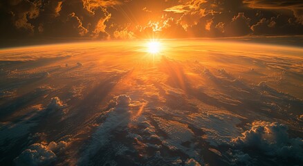 A stunning screenshot of a fiery sunset, as the amber sun sinks below the clouds and casts a lens flare across the heat-filled sky, creating a breathtaking display of astronomical objects in the vast