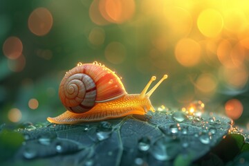 Snail Gliding on Leaf with Morning Dew Drops