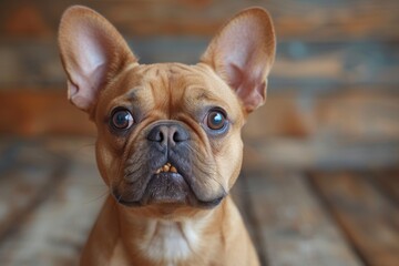 A fierce french bulldog with a toothy snout, belonging to the nonsporting group, gazes intently indoors with its fawn-colored fur and captivating brown eyes