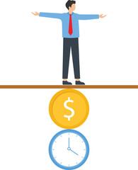 Businessman standing on the time and money to maintain a balance
