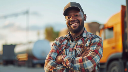 Friendly African American Man Truck Driver - obrazy, fototapety, plakaty