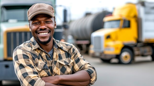 A smiling African American Man truck driver stands confidently in front of his semi-truck, showcasing pride and satisfaction in his profession.