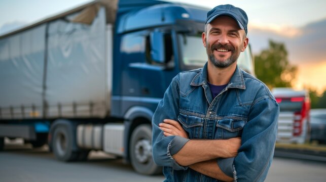 A cheerful truck driver leans against a transport truck, enjoying a beautiful sunset after a day's work in logistics.