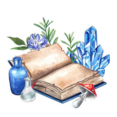 Magic book. Watercolor hand drawn illustration. Composition with a book for spells, plants and mushrooms. Clipart on a white background on the theme of alchemy, witchcraft, medicine, magic.