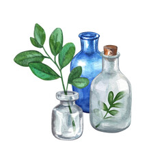 Medical bottles with plants. Watercolor hand drawn illustration. Composition with medical flasks and herbs. Clipart on a white background on the theme of alchemy, witchcraft, medicine, magic.