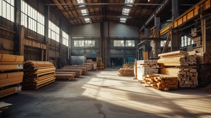 Fotobehang Stacked Lumber at Timber Warehouse © Tida
