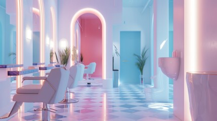 Futuristic hair salon boasting neon lighting, geometric floor patterns, and a playful color scheme that exudes creativity.