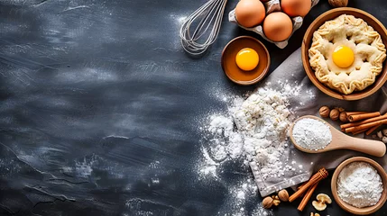 Poster Preparing homemade bakery delights, with raw dough, flour, eggs on a rustic wooden table, capturing the essence of traditional baking © Nilima