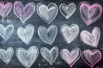 Obraz premium White and Pink Heart Shapes Chalk Drawings on Blackboard