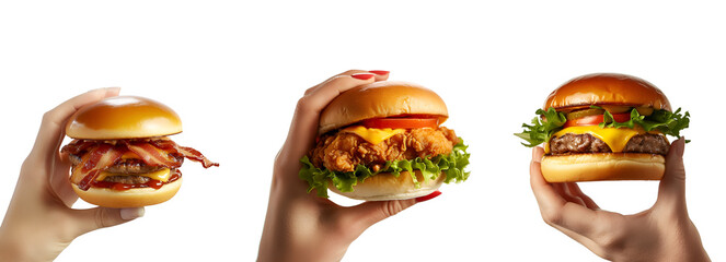 Set of Delicious Burgers: Classic, Cheese, Double Bacon, and Chicken, All in Hand, Isolated on Transparent Background, PNG