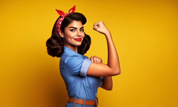 Strong South American woman dressed as Rosie the Riveter, flexing her muscles and showcasing female empowerment