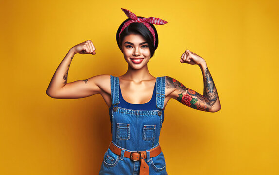 Strong Mexican woman dressed in denim and flexing her muscles and showcasing female empowerment