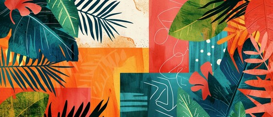 a banner that fuses tropical plants elements incorporating vibrant colors and exotic patterns inspired by Brazil's tropical landscapes. - obrazy, fototapety, plakaty