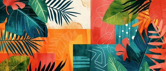 Fotobehang a banner that fuses tropical plants elements incorporating vibrant colors and exotic patterns inspired by Brazil's tropical landscapes. © png-jpeg-vector
