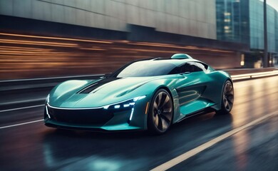Futuristic EV car or luxury sports car, supercar, fast vehicle on highway with full self driving system activated for transportation autonomy concepts as wide banner with copy space area