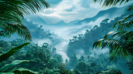 Fototapeta na wymiar Rainforest Landscape, Tropical Forest with Morning Fog, Nature and Environment