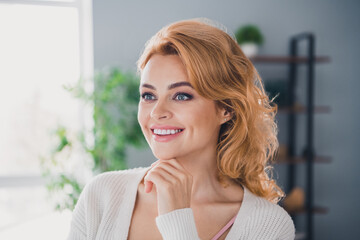Portrait of gorgeous positive minded person beaming smile hand touch chin look away contemplate...