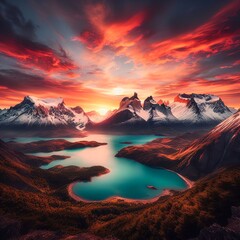 Fantasy landscape with lake and mountains at sunset.  