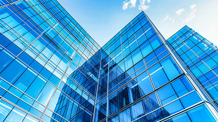 Reflective facade of a modern skyscraper, capturing the abstract beauty of urban architecture against the sky