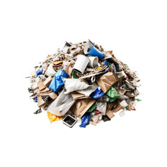 Pile of Mixed Garbage Including Paper, Plastic Bags, Cups, and Containers Isolated on White Background