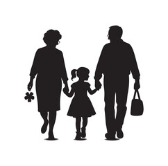 Silhouette vector of grandparents walking with granddaughter Illustration icon