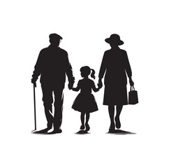 Silhouette vector of grandparents walking with granddaughter Illustration icon