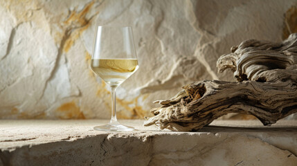 A glass of white wine on a ledge next to a piece of driftwood - obrazy, fototapety, plakaty